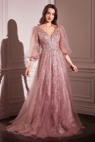 Ladivine CD0102 Dress Long Sleeve Layered Tulle A-Line Gown - rose gold
