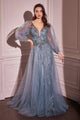 Ladivine CD0102 Dress Long Sleeve Layered Tulle A-Line Gown - smoky blue