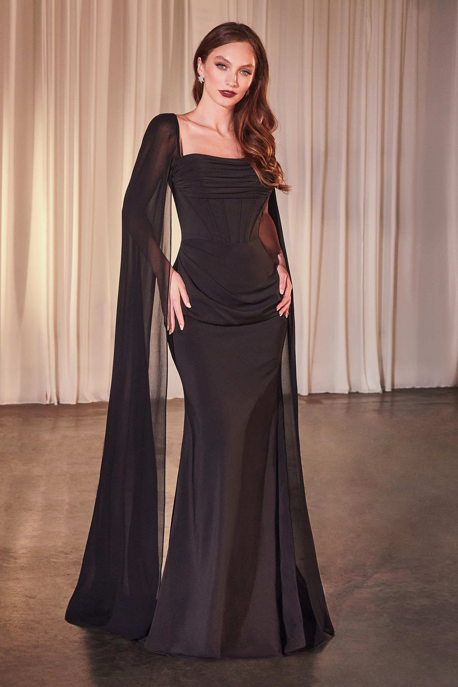 Ladivine CD356 Dress Fitted Chiffon With Long Cape Sleeves - Black