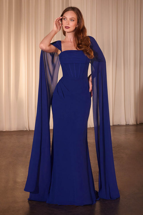 Ladivine CD356 Dress Fitted Chiffon With Long Cape Sleeves - Royal Blue