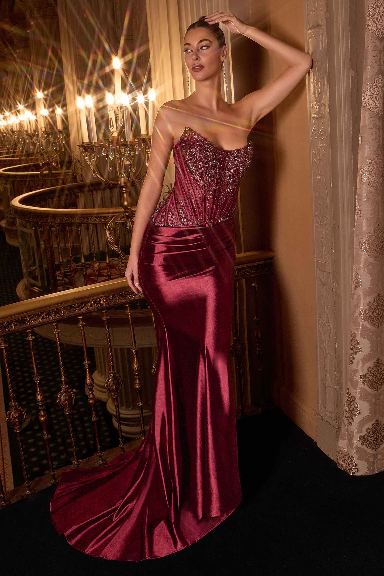 Ladivine CD725 Strapless Fitted Gown in Burgundy