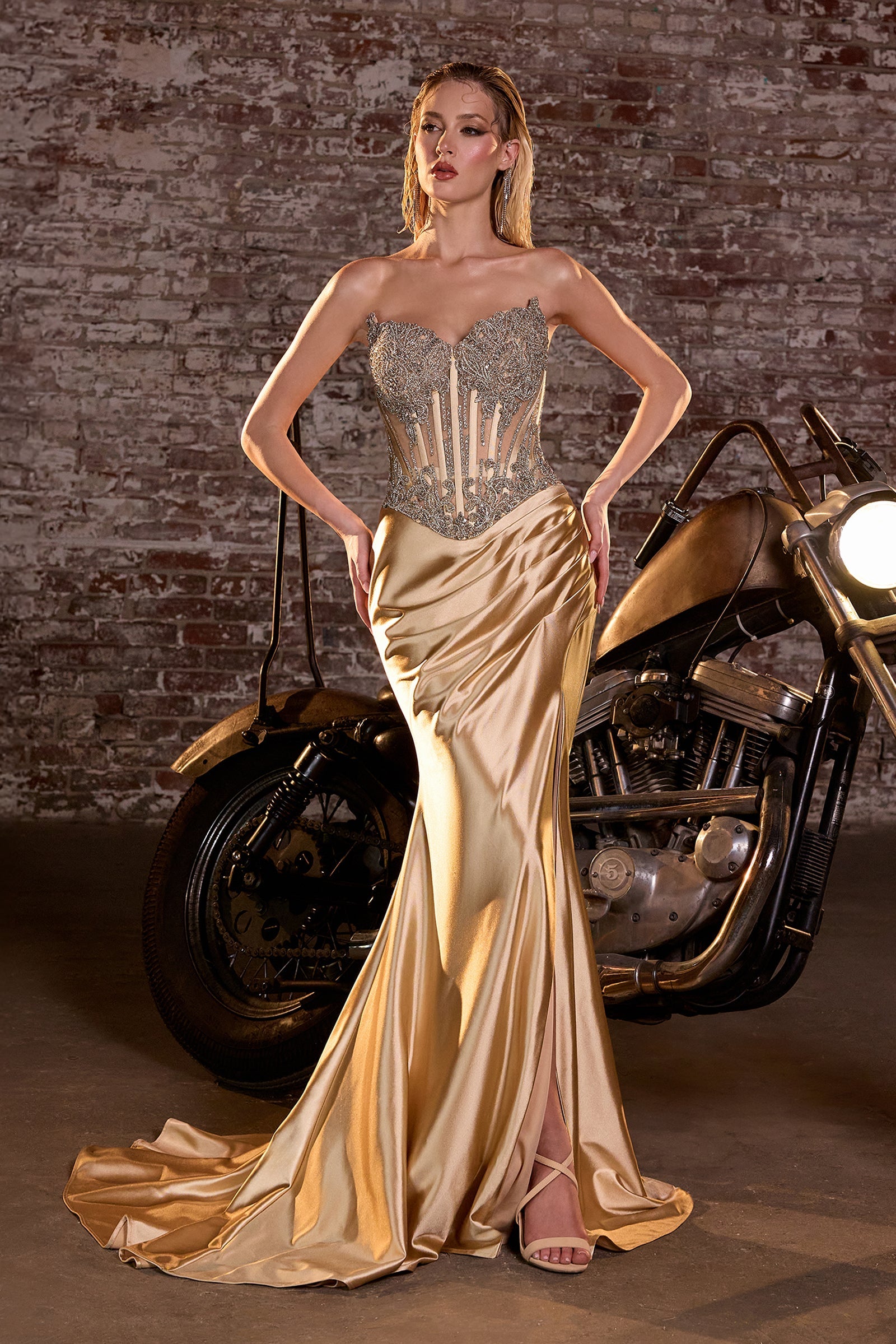 Strapless Satin Corset Gown with Embellished Bodice & High Slit by Cinderella Divine CD736C