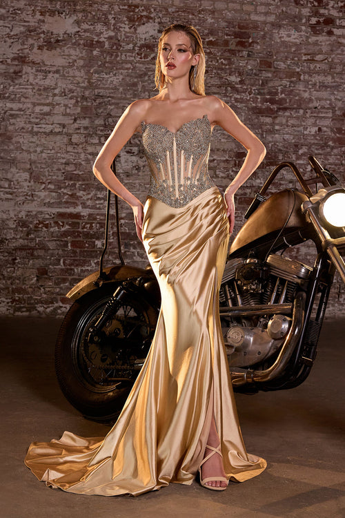 Strapless Satin Corset Gown with Embellished Bodice & High Slit by Cinderella Divine CD736C