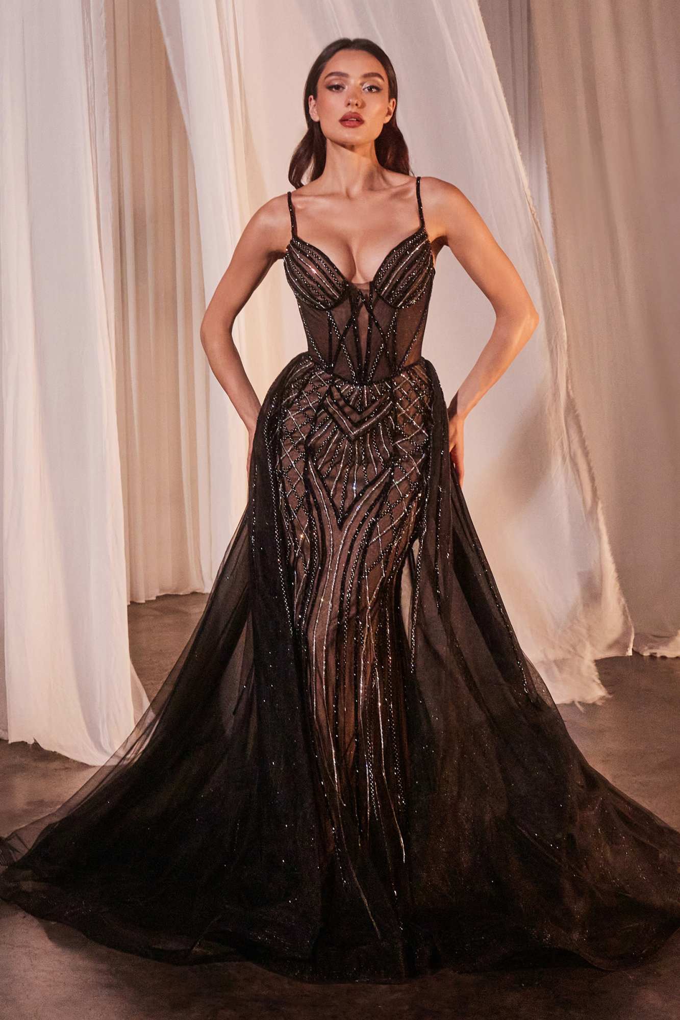 Ladivine CD863 Floor Length Beaded Tulle Gown