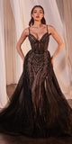Ladivine CD863 Floor Length Fitted Beaded Tulle Fabric Red Carpet Gown