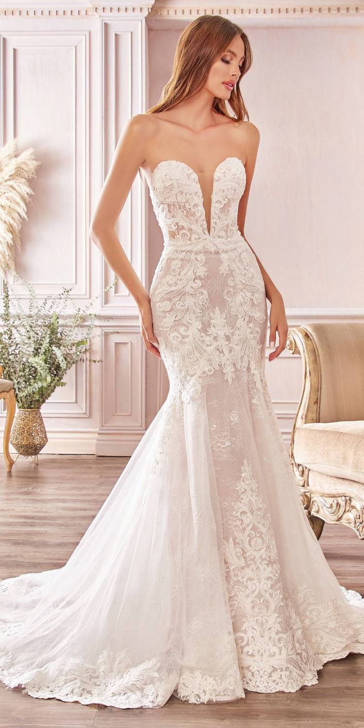 Cinderella Divine CD928 Strapless Trumpet Debutante Gown Layered Scalloped Eyelash Lace Train