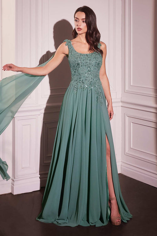 Ladivine CDS509 Dress Chiffon A-Line Gown & Long Cape Sleeves - DARK SAGE