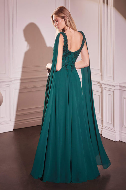 Elegant Dark Sage Green Gown with Cascading Cape Sleeves