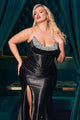 Ladivine Micro Crystal Satin Evening Gown in Classic Black
