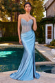 Ladivine CDS538 Blue Beaded Dress with Satin Skirt