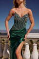 Ladivine CDS538 Blue Beaded Dress with Satin Skirt