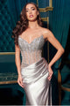 Ladivine CDS538 Blue Beaded Dress with Satin Skirt