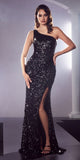 Ladivine CH118 Long One Shoulder Sequin Gown with Slit
