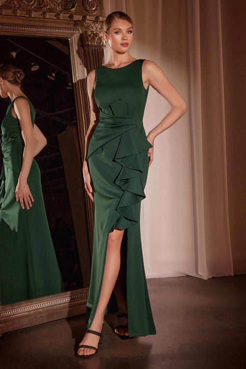 Ladivine CH377 Long Fitted Neoprene Emerald Dress