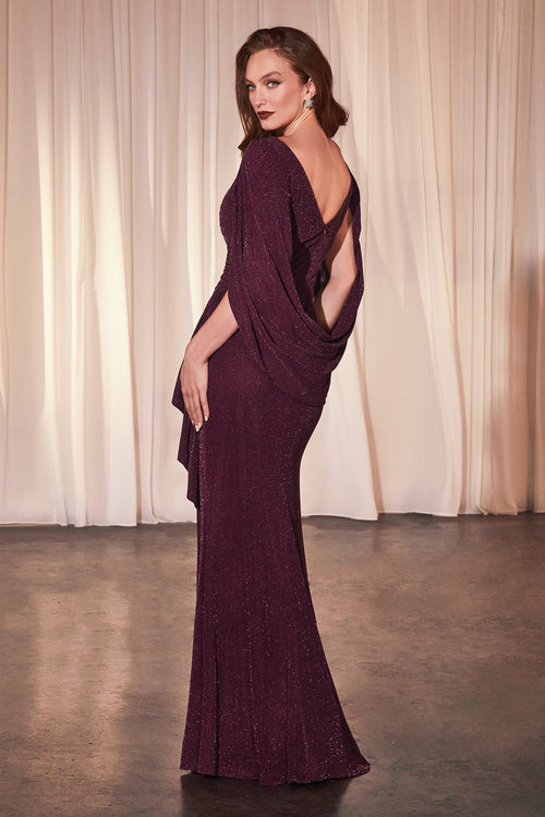 Ladivine CH386 Long Fitted Draped Caped Gown in Wine