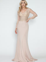 Long Sleeve Mother of the Bride Dress Beaded Evening Gown Lenovia 8323