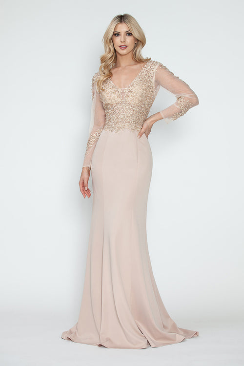 Vestido de noche de manga larga para madre de la novia con cuentas Lenovia 8323 - Nueva colección