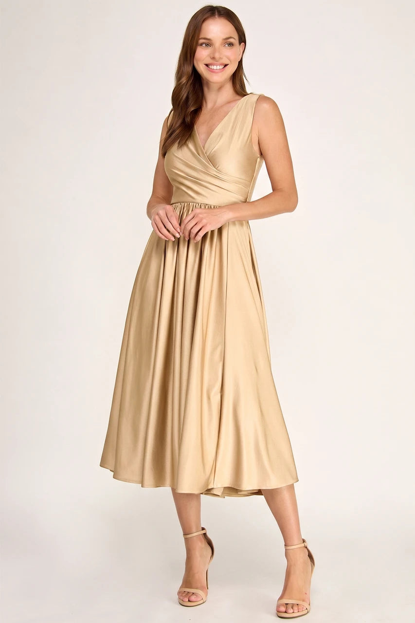 Sleeveless V-Neck Pleated Bodice A-Line Midi-Length Cocktail Dress by Perrty 3131