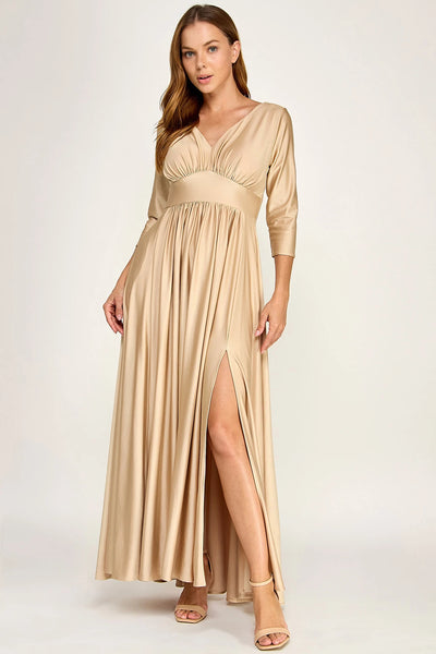 Ruched Bodice V-Neck 3/4 Sleeve A-Line Full-Length Mother of the Bride Dress by Perrty 3132