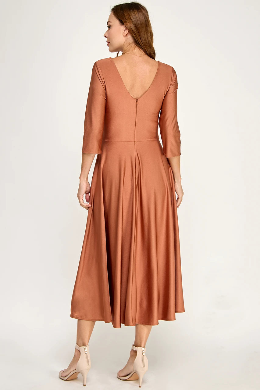 3/4-Sleeve Satin Twist-Front Midi Mother of the Bride Dress V-Neck Evening Dress by Perrty 3127