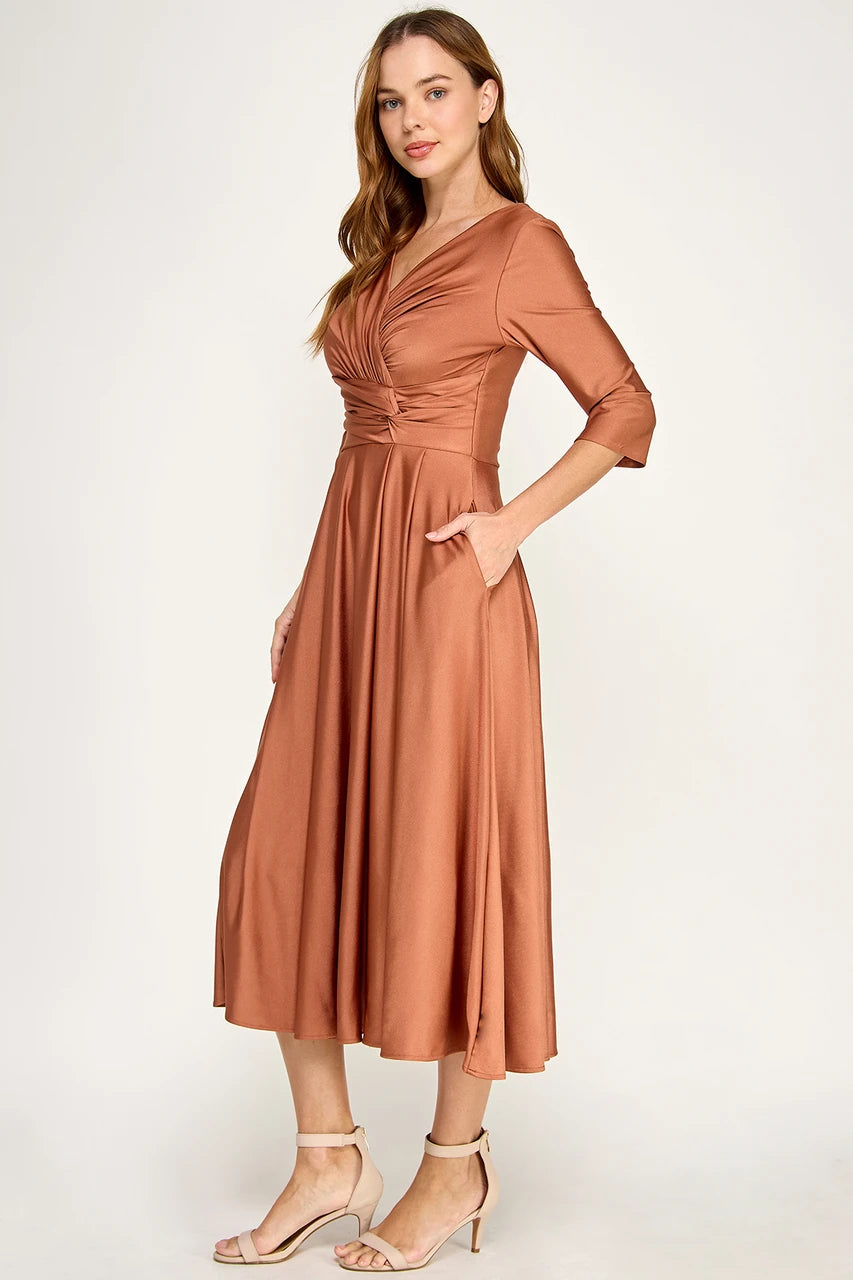 3/4-Sleeve Satin Twist-Front Midi Mother of the Bride Dress V-Neck Evening Dress by Perrty 3127