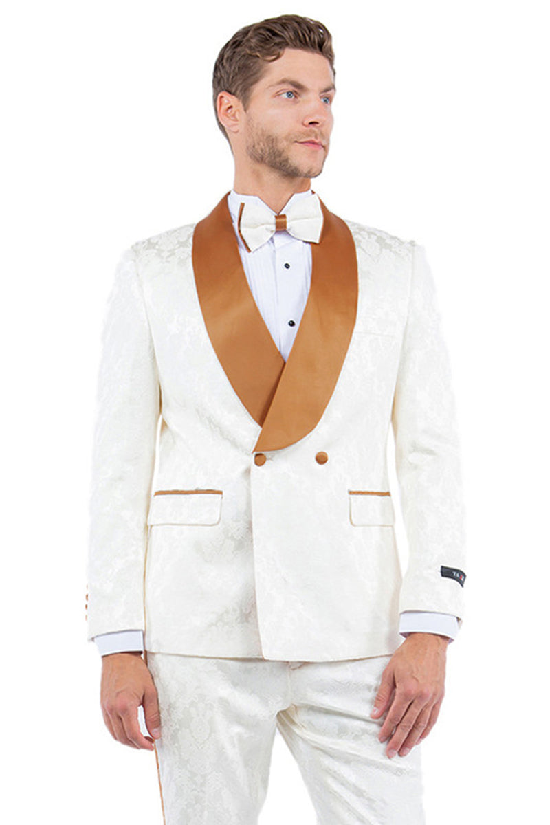 Chaqueta de esmoquin cruzada de cachemir y corte entallado para hombre, ideal para graduación y boda, en marfil y óxido dorado.