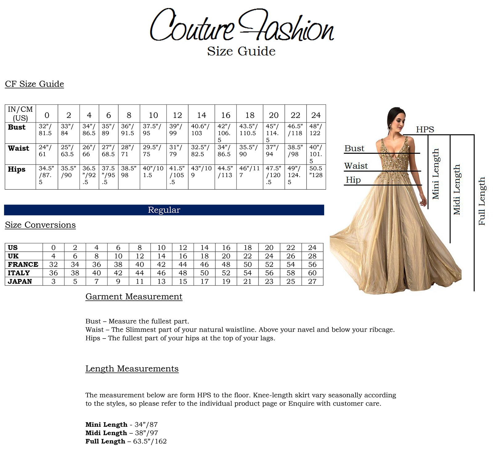 Couture fashion by FG Size Chart