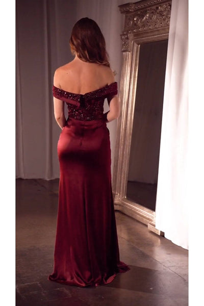 Ladivine CR877 Sequin Bodice Dress in Burgundy