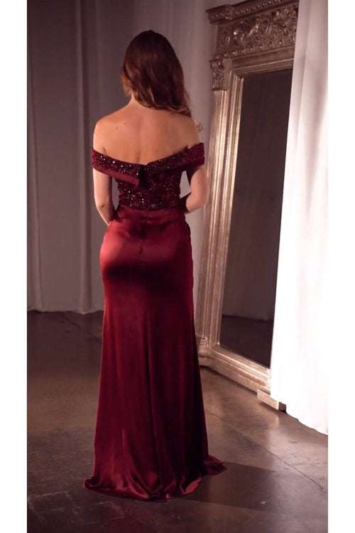 Ladivine CR877 Sequin Bodice Dress in Burgundy