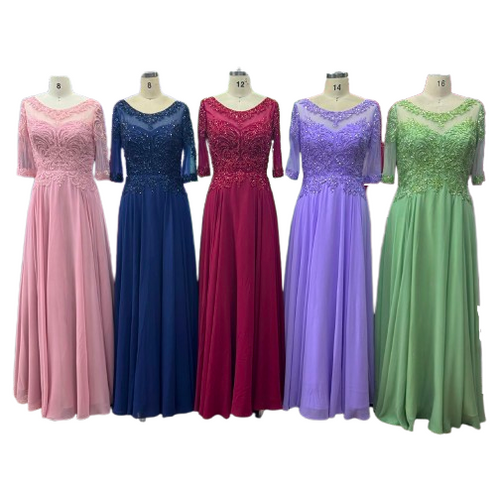 3/4-Sleeve Sheer Beaded Mother of the Bride A-Line Chiffon Dress with Illusion Detail by CT-2654