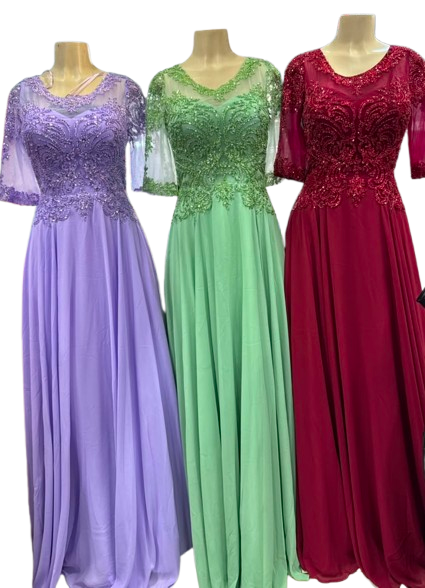 3/4-Sleeve Sheer Beaded Mother of the Bride A-Line Chiffon Dress with Illusion Detail by CT-2654