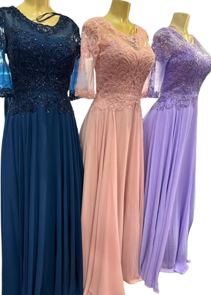 3/4-Sleeve Sheer Beaded Mother of the Bride A-Line Chiffon Dress with Illusion Detail by CT-2654
