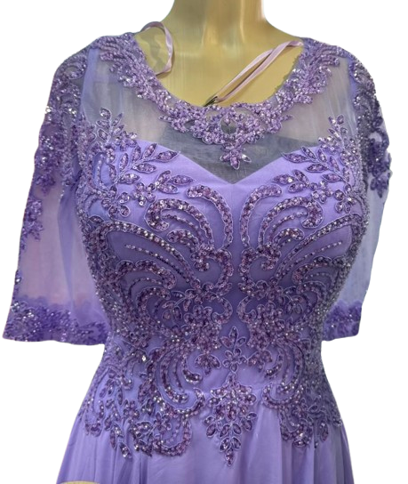 3/4-Sleeve Sheer Beaded Mother of the Bride A-Line Chiffon Dress with Illusion Detail by CT-2654