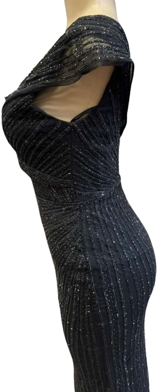 Cap Sleeve V-Neck Fully Beaded Linear Sequin Bodice Sheath Evening Gown by CT-2674