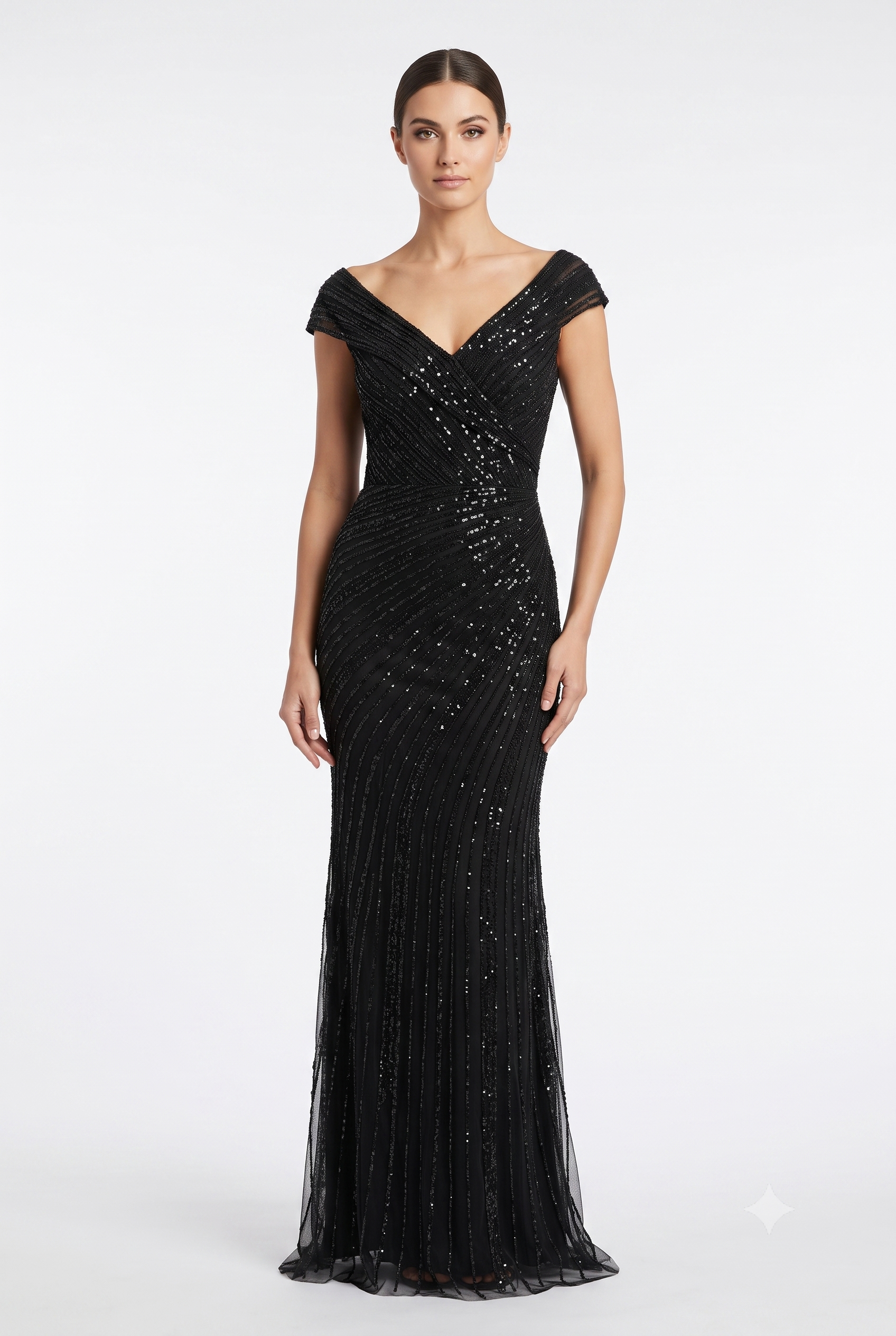 Cap Sleeve V-Neck Fully Beaded Linear Sequin Bodice Sheath Evening Gown by CT-2674