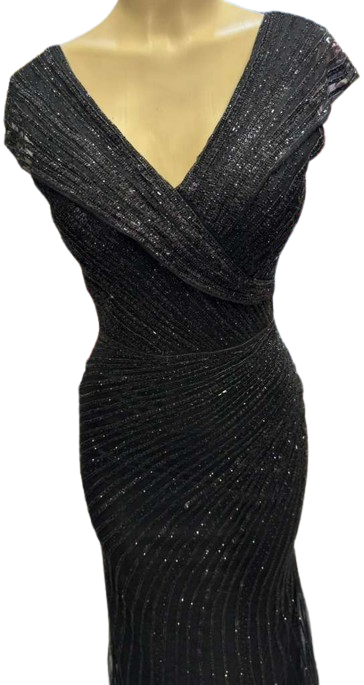 Cap Sleeve V-Neck Fully Beaded Linear Sequin Bodice Sheath Evening Gown by CT-2674