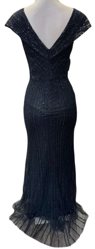 Cap Sleeve V-Neck Fully Beaded Linear Sequin Bodice Sheath Evening Gown by CT-2674