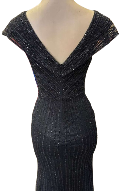 Cap Sleeve V-Neck Fully Beaded Linear Sequin Bodice Sheath Evening Gown by CT-2674