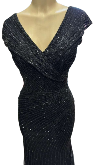 Cap Sleeve V-Neck Fully Beaded Linear Sequin Bodice Sheath Evening Gown by CT-2674