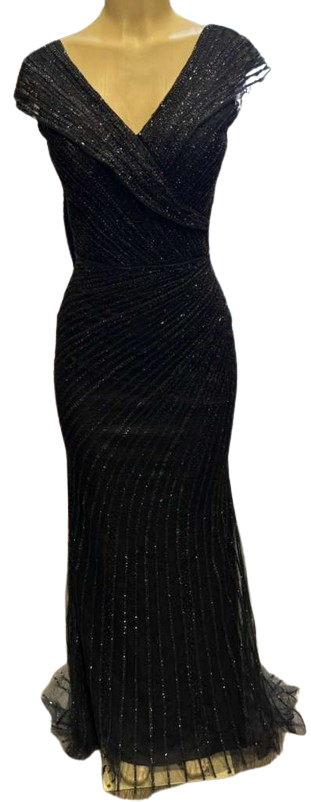 Cap Sleeve V-Neck Fully Beaded Linear Sequin Bodice Sheath Evening Gown by CT-2674