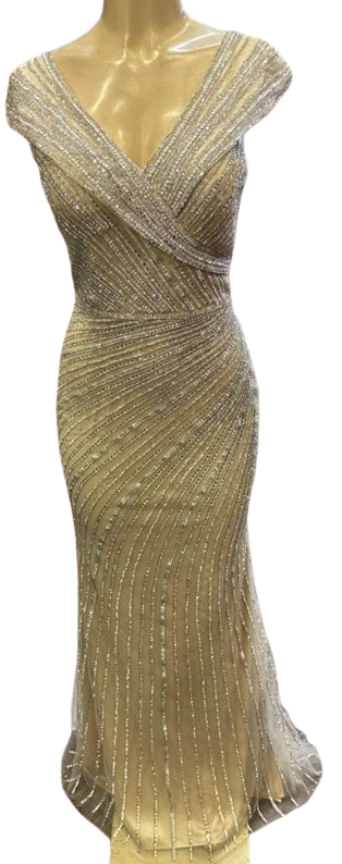 Cap Sleeve V-Neck Fully Beaded Linear Sequin Bodice Sheath Evening Gown by CT-2674