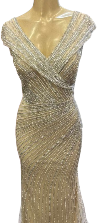 Cap Sleeve V-Neck Fully Beaded Linear Sequin Bodice Sheath Evening Gown by CT-2674