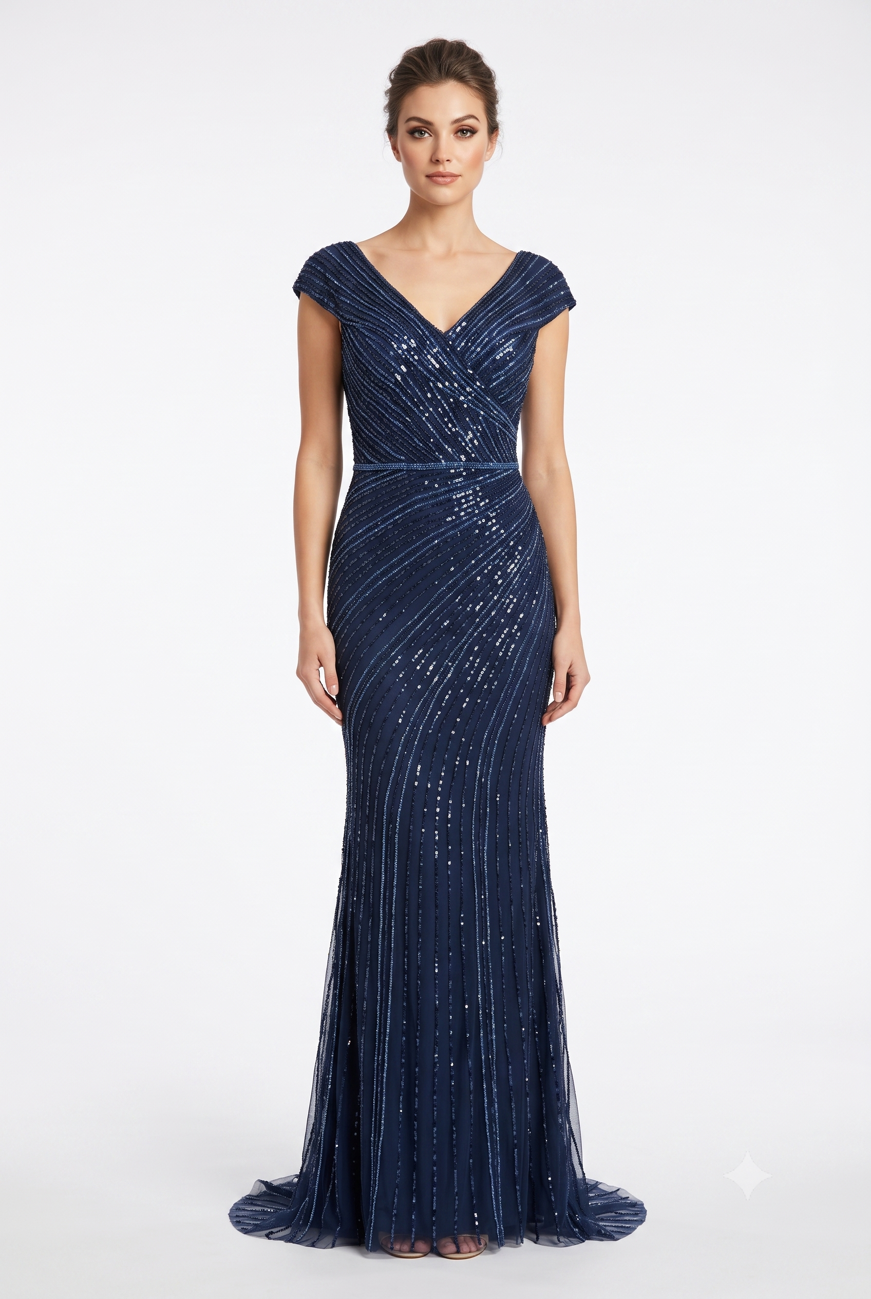 Cap Sleeve V-Neck Fully Beaded Linear Sequin Bodice Sheath Evening Gown by CT-2674
