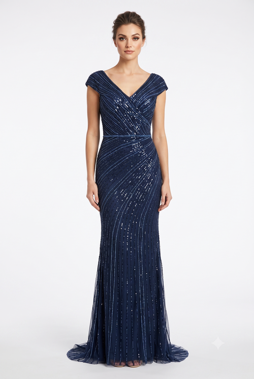 Cap Sleeve V-Neck Fully Beaded Linear Sequin Bodice Sheath Evening Gown by CT-2674