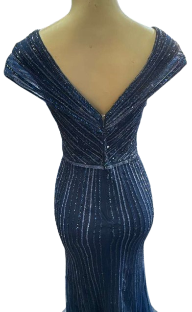 Cap Sleeve V-Neck Fully Beaded Linear Sequin Bodice Sheath Evening Gown by CT-2674