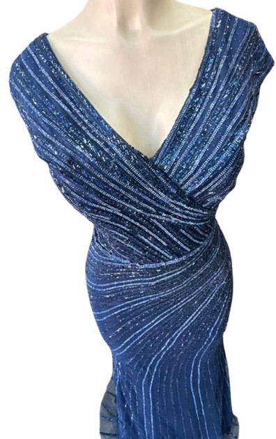 Cap Sleeve V-Neck Fully Beaded Linear Sequin Bodice Sheath Evening Gown by CT-2674