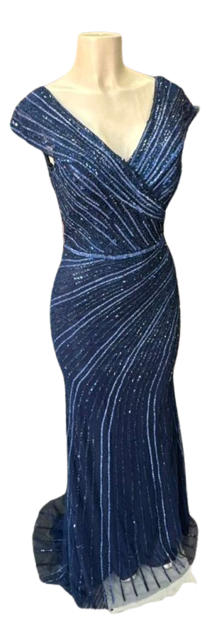 Cap Sleeve V-Neck Fully Beaded Linear Sequin Bodice Sheath Evening Gown by CT-2674