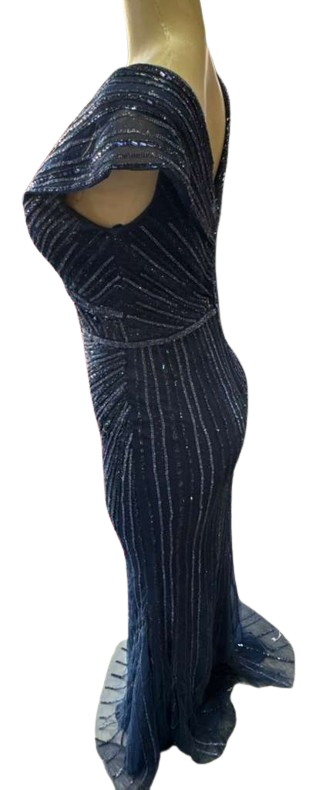 Cap Sleeve V-Neck Fully Beaded Linear Sequin Bodice Sheath Evening Gown by CT-2674