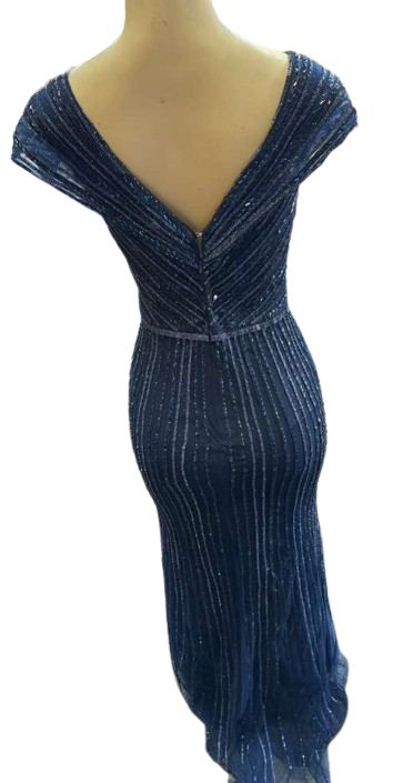Cap Sleeve V-Neck Fully Beaded Linear Sequin Bodice Sheath Evening Gown by CT-2674