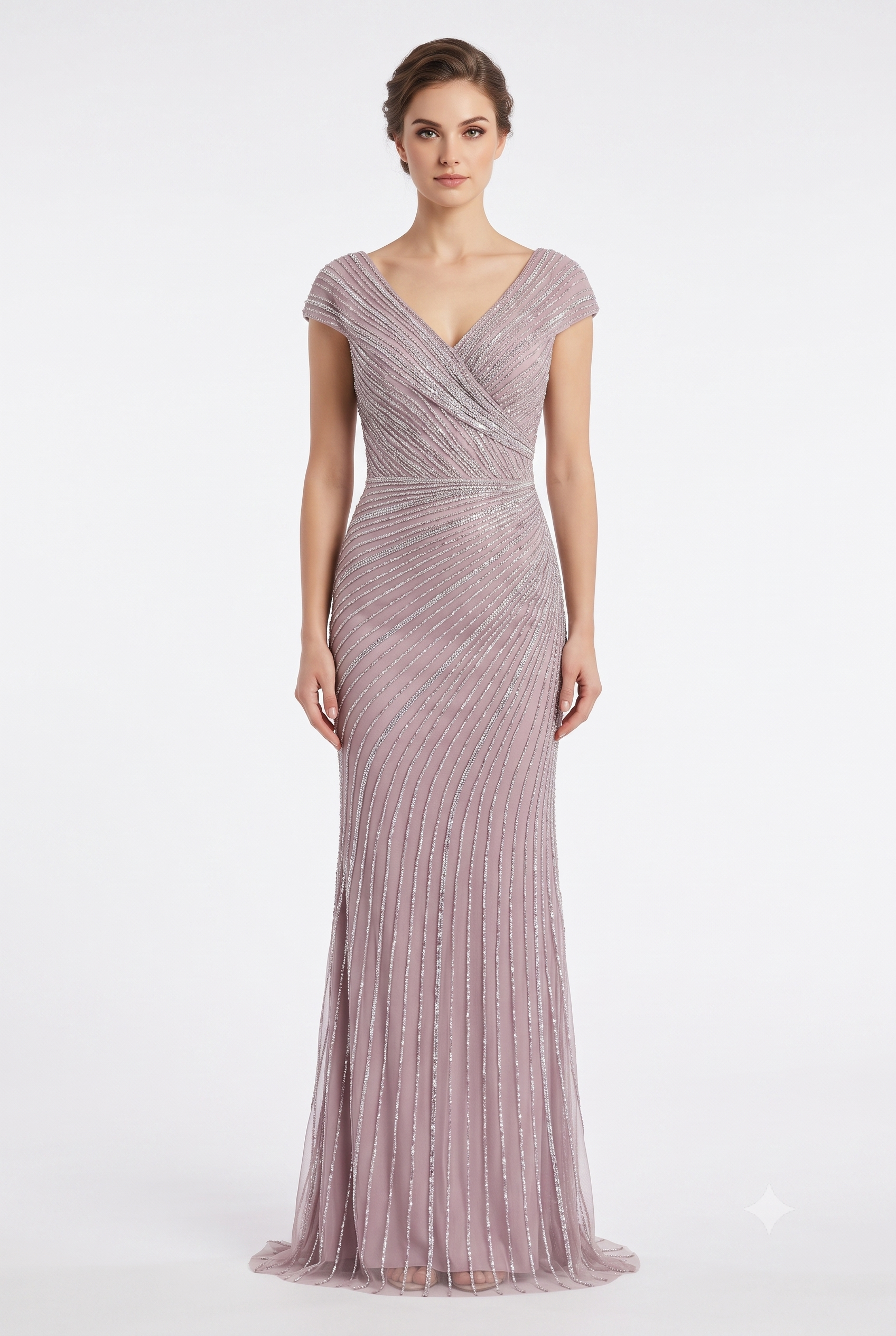 Cap Sleeve V-Neck Fully Beaded Linear Sequin Bodice Sheath Evening Gown by CT-2674